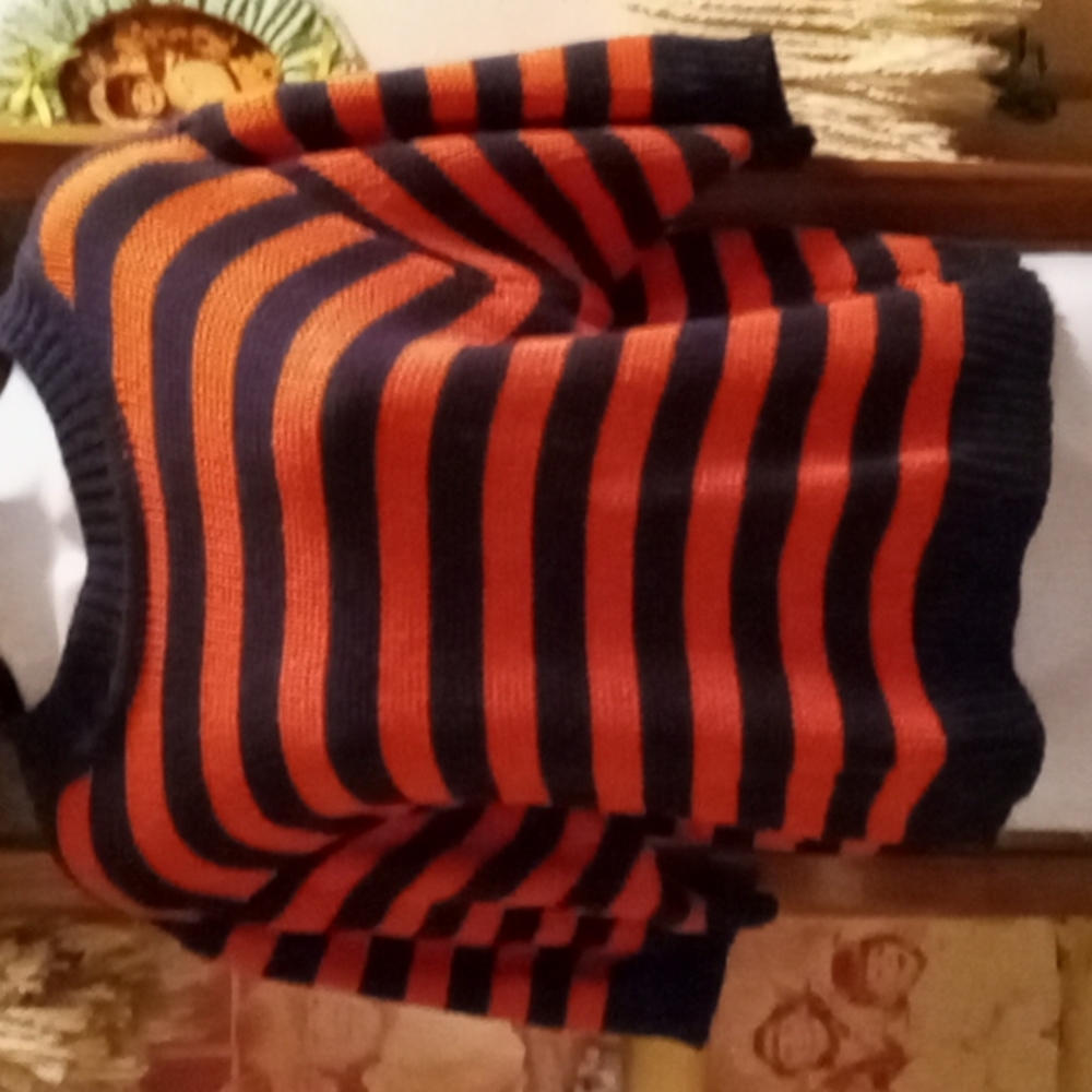 Vintage 80's Cable Knit Orange & Dark-Blue Striped, Sweater Top with 1/2 Sleeves